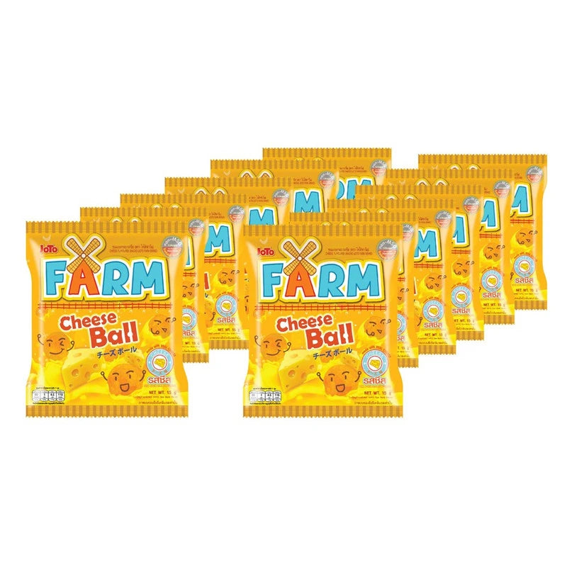 JOTO FARM Baked Corn Cheese snack bag, 12g x 12 packs, showing crispy corn snack with cheesy flavor in colorful packaging