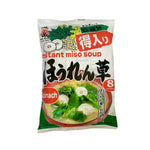 Shinsyuichi instant miso soup with spinach in a dry grocery packet, 152.8g, ready to prepare in a bowl.