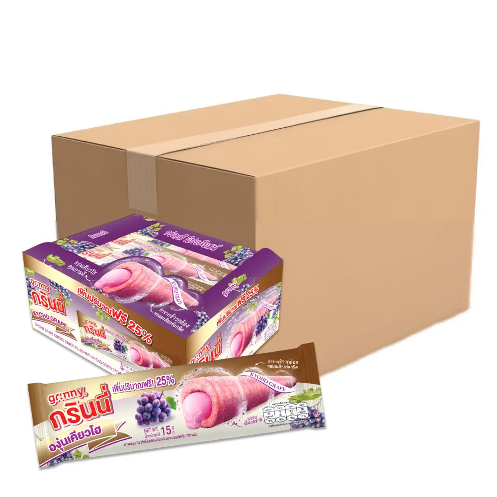 GRINNY KYOHO GRAPE COATED SNACK FILLED WITH KYOHO GRAPE CREAM .