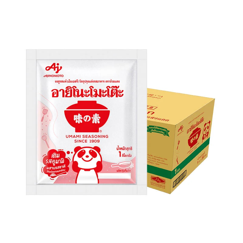 AJINOMOTO MSG seasoning 1 kg pack, displayed in a box of 20, with the product label visible on the package.