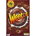 Bowl of Weetabix Weetos chocolate hoops cereal with milk in a white bowl, showcasing the crispy chocolate-flavored breakfast cereal.