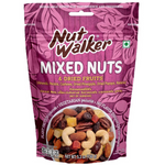 Mixed nuts and dried fruits in a Nut Walker confectionery snack package, showcasing a colorful variety of healthy snack ingredients.