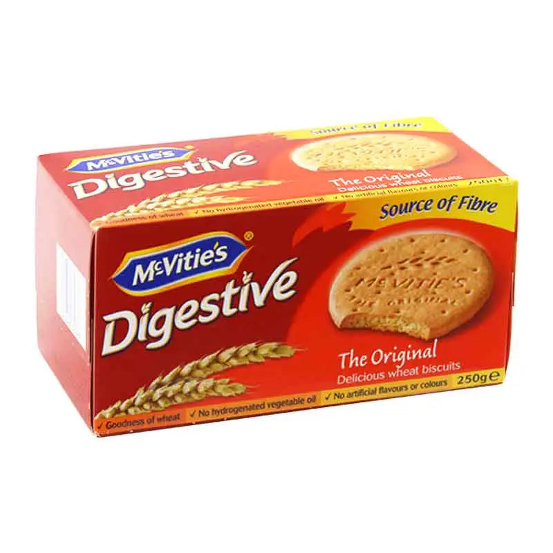 McVitie's Original Digestive Biscuits 250g, crispy golden cookies in a clear package, showcasing their classic rectangular shape.