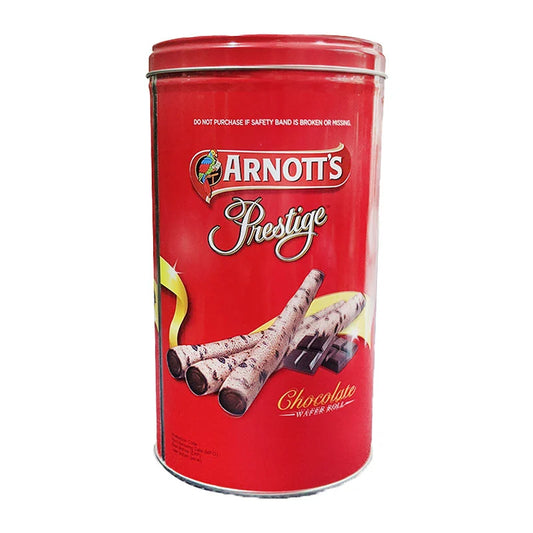 Arnott's Prestige Chocolate Wafer Roll 330g, crispy chocolate-filled wafer snacks on a plate.