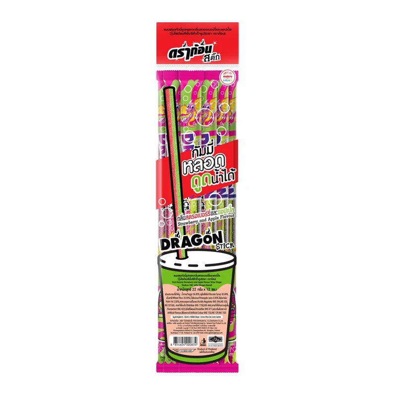 DRAGON Strawberry Apple Gummy Sticks, 22g, 12 pieces, colorful fruit-flavored chewy candies in a clear package