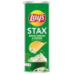Lay's Stax Sour Cream and Onion snack container showing the crispy potato snack with sour cream and onion flavor packaging.