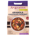 A Grains Chocolate Hazelnut Granola in a clear bowl, showing crunchy oats, chocolate pieces, and hazelnuts on a neutral background.