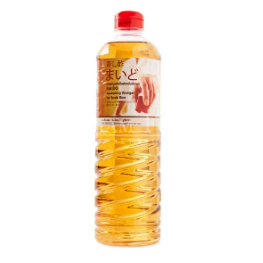 Maido sushi vinegar 1L bottle with clear label, traditional Japanese rice vinegar for sushi rice and Asian cuisine.