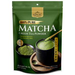 Ranong Pure Matcha Green Tea Powder, vibrant green drink in a glass, showcasing the smooth, bright green beverage.