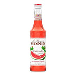 Bottle of Monin Watermelon Syrup 700ml in a clear plastic container, labeled with brand and product details.