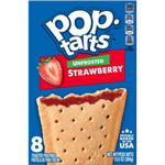 Unfrosted strawberry Pop-Tarts by Kellogg's, showing the snack's rectangular pastry with strawberry filling visible inside