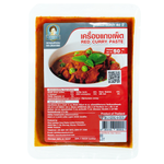 Jar of Khun Lamduan Red Curry Paste for cooking, featuring red chili, herbs, and spices in a clear glass container.