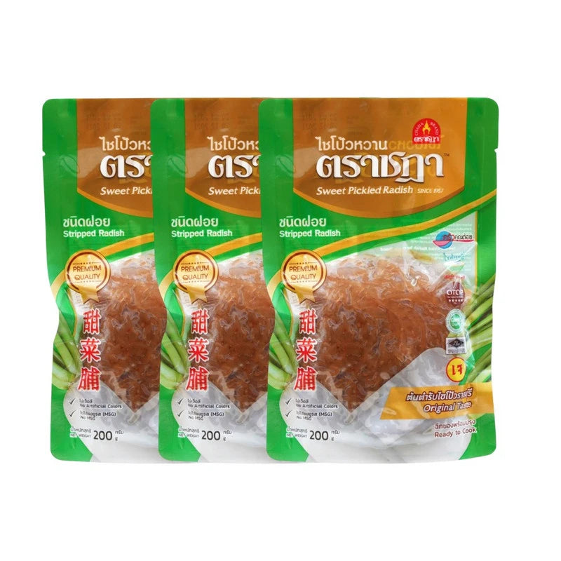 Three packs of Chada Sweet Pickled Radish Shredded, 200g each, with vibrant shredded radish displayed in clear packaging.