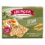 Burger Sesam Crispbread, crunchy sesame confectionery snack with toasted sesame seeds on crispbread surface.