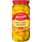 Jar of Mezzetta Hot Chili Peppers, healthy grocery product with vibrant red and green peppers in clear glass jar.