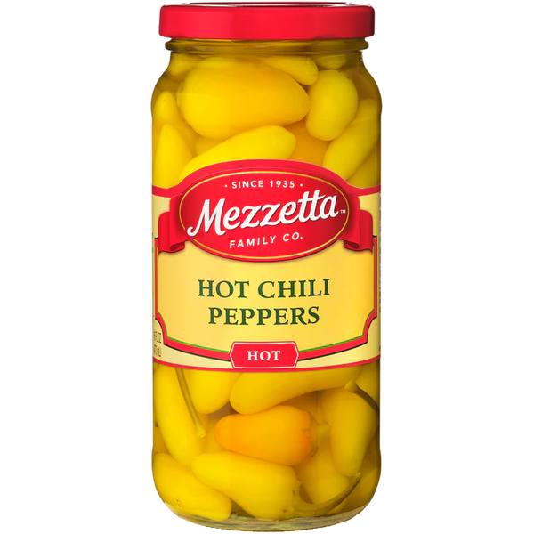 Jar of Mezzetta Hot Chili Peppers, healthy grocery product with vibrant red and green peppers in clear glass jar.