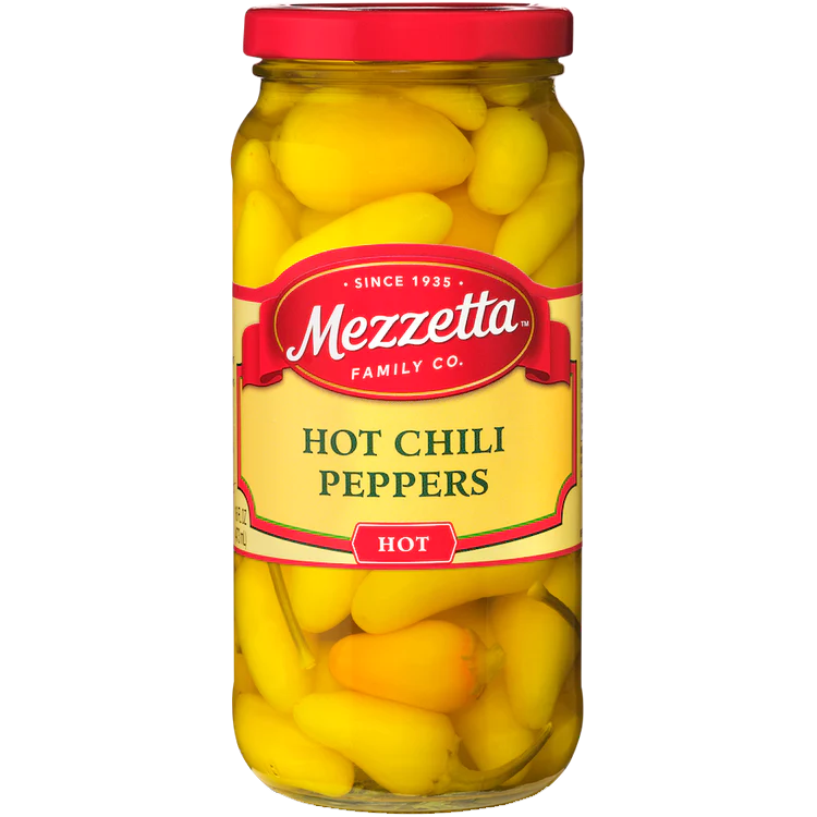 Jar of Mezzetta Hot Chili Peppers, healthy grocery product with vibrant red and green peppers in clear glass jar.