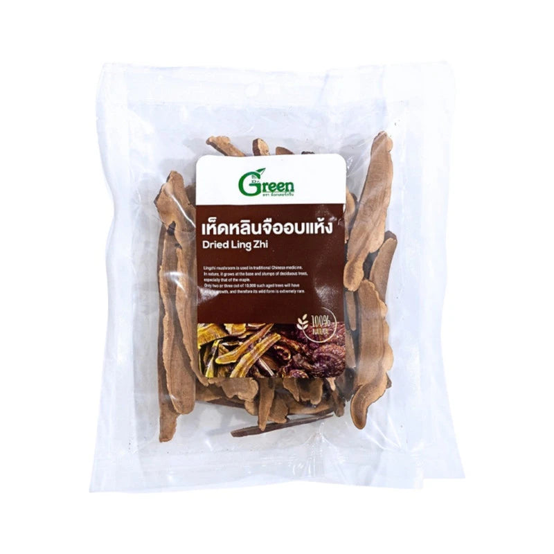 Dried Ling Zhi mushroom from Dr.Green, 50g package, showing the dark, textured slices of the medicinal mushroom.