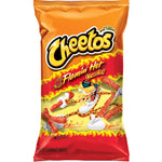 Cheetos Flamin' Hot Crunchy Cheese Snack bag with spicy, crunchy cheese snacks in bright orange packaging.
