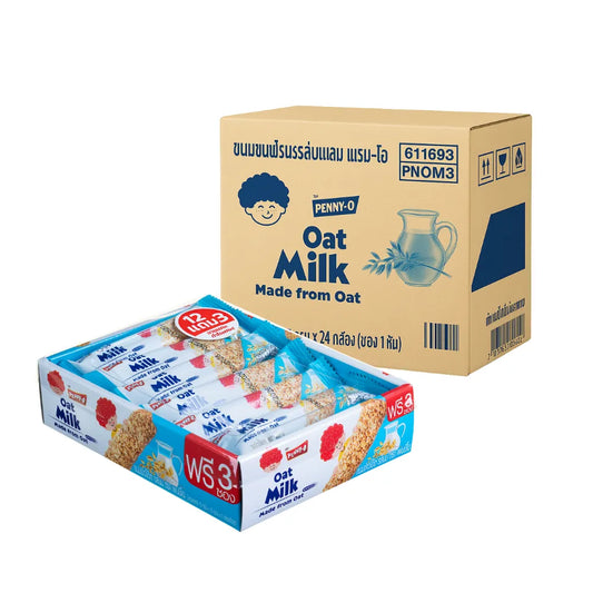 PENNYO oatmeal snack cartons with milk flavor, 15g sachets, 24-pack, showing colorful packaging and individual sachets.