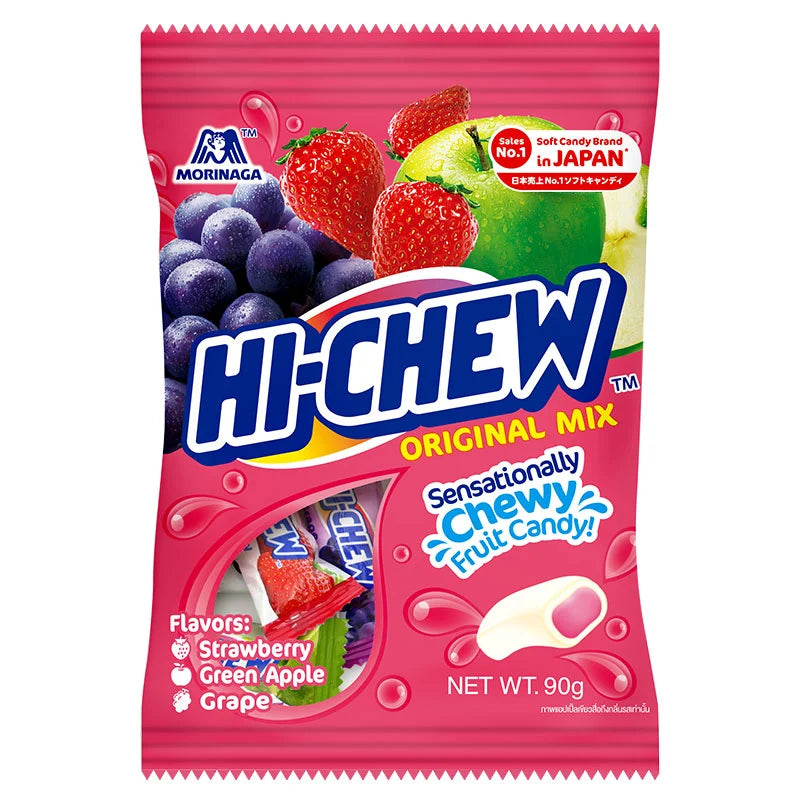 MORINAGA Hi-Chew Mix Candy in 90g pack, colorful chewy fruit candies with assorted flavors, bright packaging.