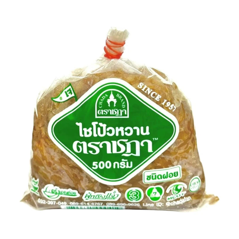 Chada Sweet Shredded Radish 500g Ratchaburi original recipe, no MSG, no color, fresh shredded radish in a clear bowl.