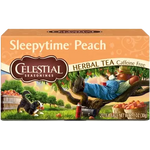 Celestial Seasonings Peach Herbal Tea caffeine-free drink in a clear glass cup with fresh peach slices and herbal tea leaves.