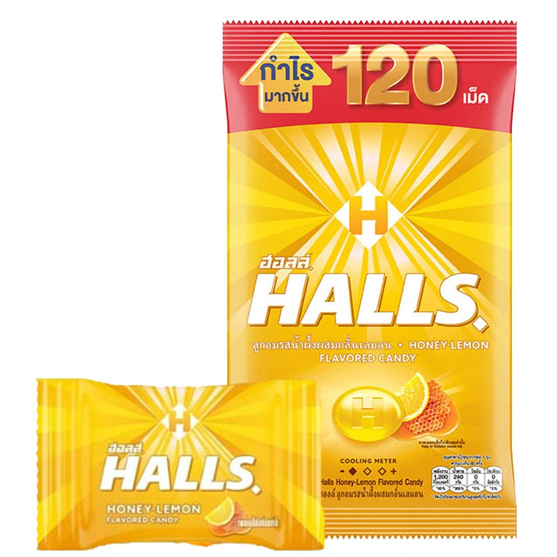 HALLS Honey Lemon Candy package with 120 pieces, featuring individually wrapped lemon-flavored lozenges in a yellow and clear plastic bag.
