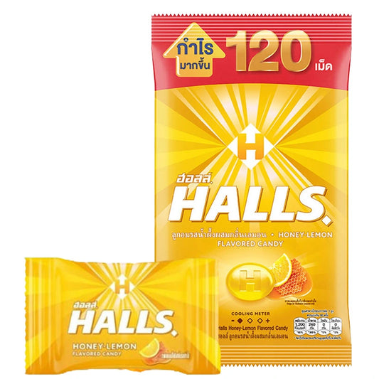 HALLS Honey Lemon Candy package with 120 pieces, featuring individually wrapped lemon-flavored lozenges in a yellow and clear plastic bag.
