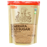 Goodsugaaar Demerara Gold Sugar in a grocery package, showing golden brown, coarse sugar crystals.