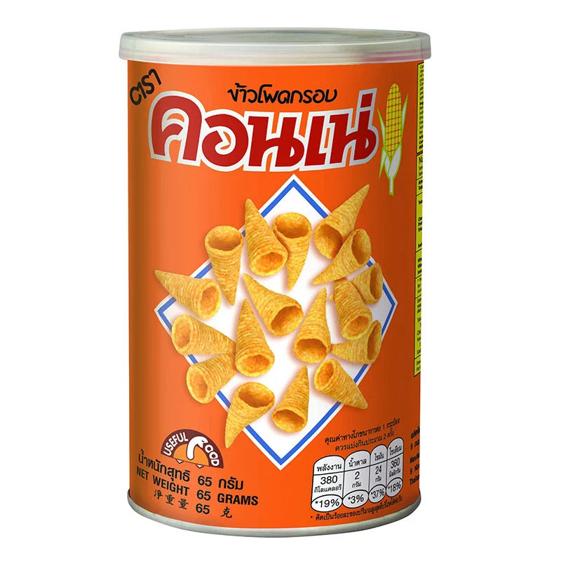 CONNE Corn Snack 65g bag with crunchy, golden corn snacks in a clear package, showcasing the product's crisp texture.