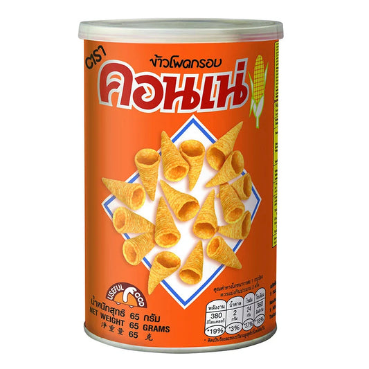 CONNE Corn Snack 65g bag with crunchy, golden corn snacks in a clear package, showcasing the product's crisp texture.