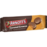 Arnott's Chocolate Caramel Crowns confectionery snacks with chocolate coating and caramel filling, displayed on a plate.