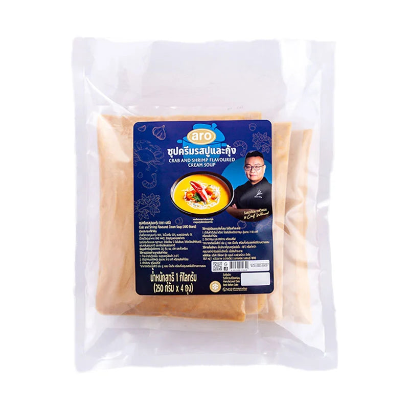 ARO GOLD Frozen Cream Soup with Crab and Shrimp, 250g package, showing the creamy soup with visible crab and shrimp pieces.