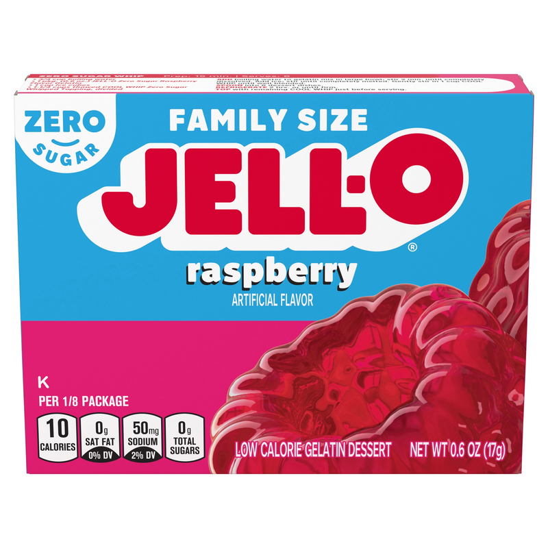 Jell-O Raspberry Zero Sugar flavored gelatin dessert in a clear bowl, showcasing bright red raspberry jelly with a smooth texture.
