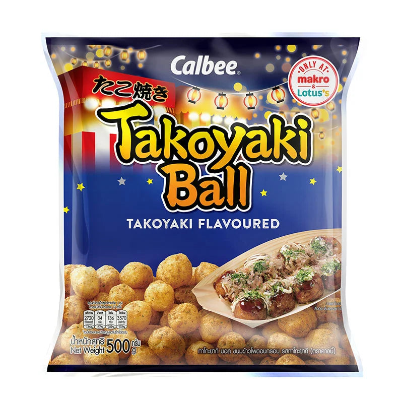 CALBEE Takoyaki Ball Corn Snack 500g bag showing golden-brown, crispy octopus-shaped corn snacks on the front package.
