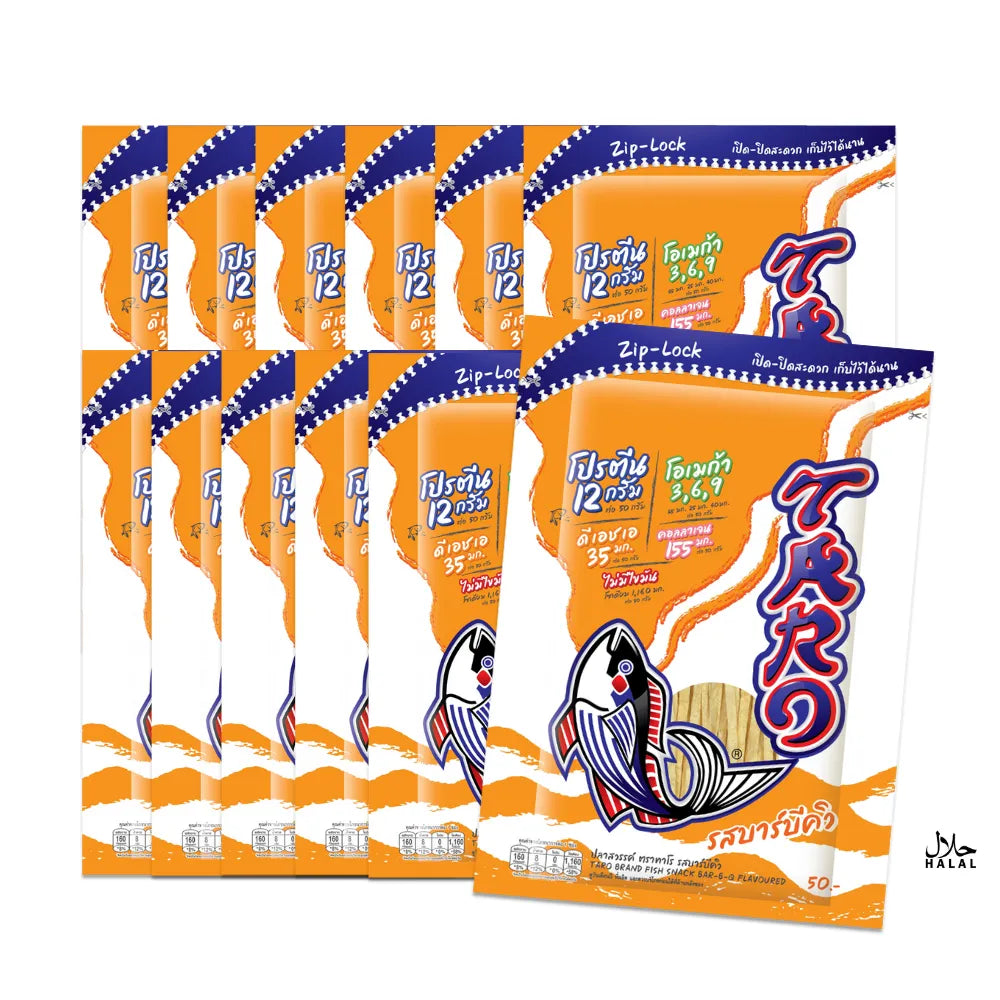 TARO Taro Fish Snack Barbecue Flavored 50g, showing crispy fish snack with barbecue seasoning in a 12-pack display