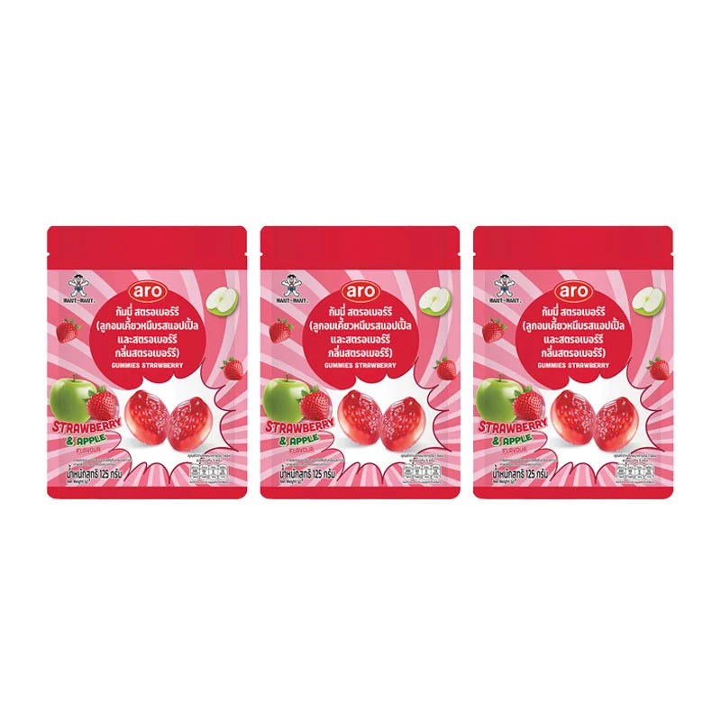 Assorted ARO Strawberry Gummy candies in a clear bag, showing bright red gummy bears and strawberries.