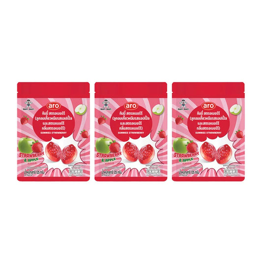 Assorted ARO Strawberry Gummy candies in a clear bag, showing bright red gummy bears and strawberries.