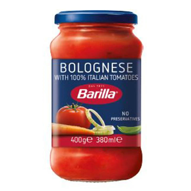 Jar of BARILLA Bolognese Pasta Sauce with a label showing rich tomato and meat sauce ingredients, 400g container.