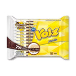 Voiz Waffle Choco Crispies snack with crispy waffles coated in chocolate, displayed in a colorful packaging.