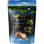 Golden roasted salted macadamias from The Original, a crunchy confectionery snack with a golden-brown appearance and salted finish.