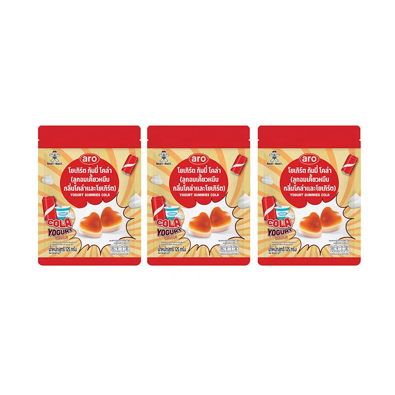 Aro Gummy Yogurt Cola candies in a clear bag showing colorful gummy candies with yogurt and cola flavors.