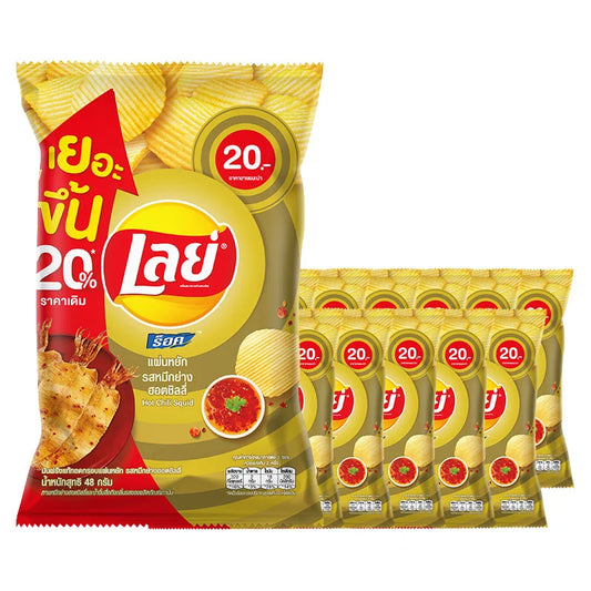 Lay’s Rock Potato Chips Hot Chilli Squid flavor in 48g bag, crispy potato chips with spicy chili and squid seasoning, product image.