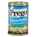 Prego Carbonara Mushroom Cream grocery product jar with label, creamy pasta sauce with mushrooms and herbs inside.