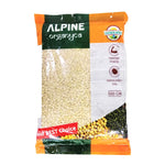 Alpine Urad Dal 500g dry lentils in a clear plastic bag, showing small white split urad dal grains for cooking.