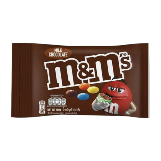 Two packs of M&M Milk Chocolate Candy in 180g bags, showing colorful chocolate candies in a resealable bag.