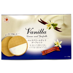 Nikko Vanilla Cream Sand Gaufrette Cookie showing crispy waffle layers filled with vanilla cream in a clear view.