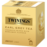 A cup of Twining's Earl Grey tea with a tea bag inside, showcasing the aromatic black tea blend in a clear glass cup.