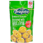 Jar of Fragata pitted olives with garlic and thyme in olive oil, ready for cooking or snacking.